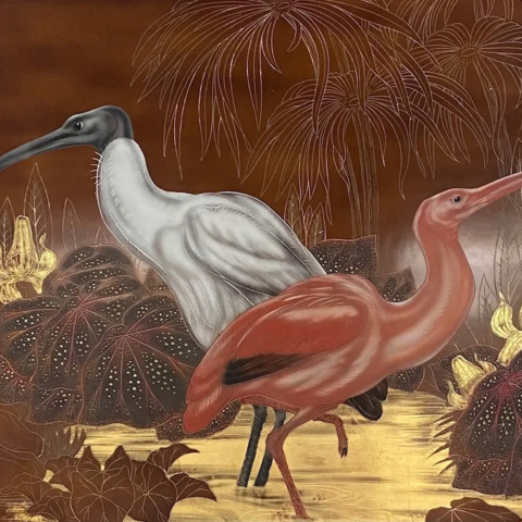 Ibis sacré du Nil à tête noire et ibis rose. 1935.